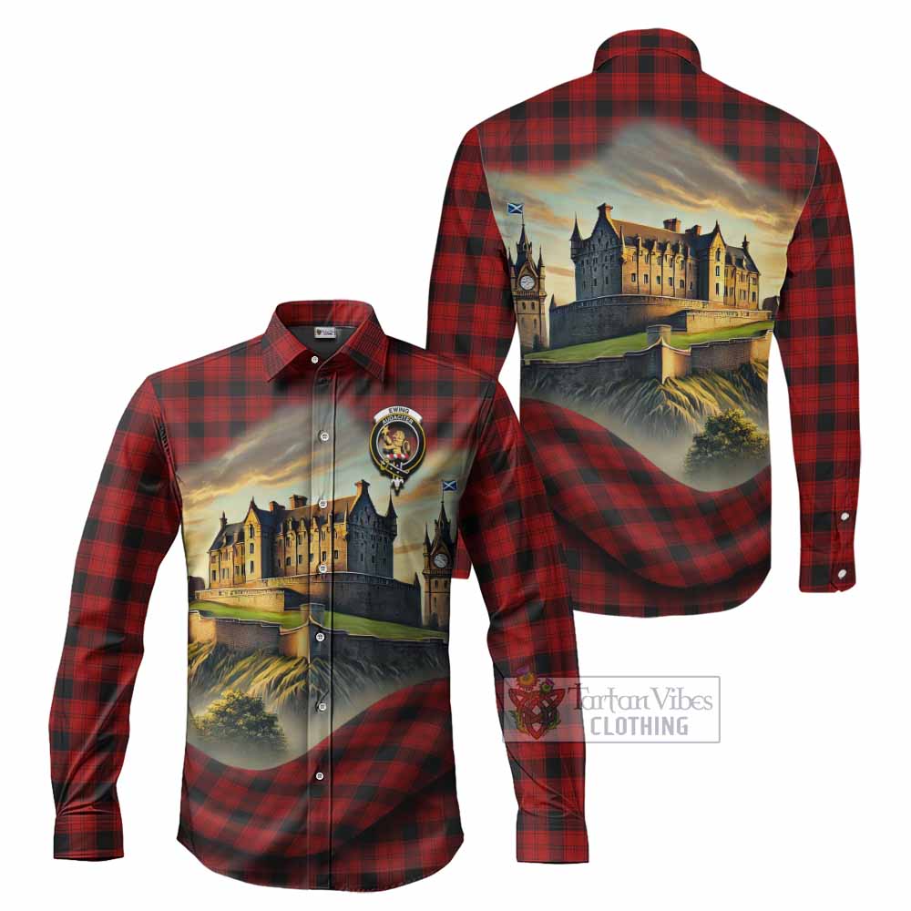 Tartan Vibes Clothing Ewing Tartan Family Crest Long Sleeve Button Shirt with Scottish Ancient Castle Style