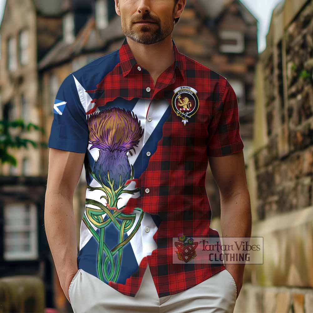 Tartan Vibes Clothing Ewing Tartan Family Crest Short Sleeve Button Shirt Scottish Thistle Celtic Inspired