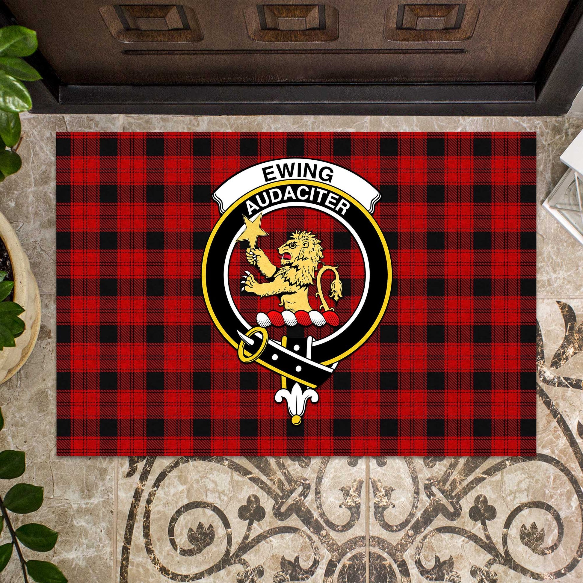 Ewing Tartan Door Mat with Family Crest - Tartanvibesclothing