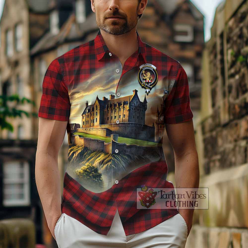 Tartan Vibes Clothing Ewing Tartan Family Crest Short Sleeve Button Shirt with Scottish Ancient Castle Style