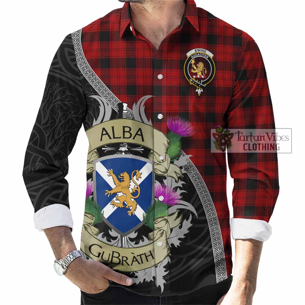 Tartan Vibes Clothing Ewing Tartan Family Crest Long Sleeve Button Shirt Lion Rampant Royal Thistle Shield Celtic Inspired
