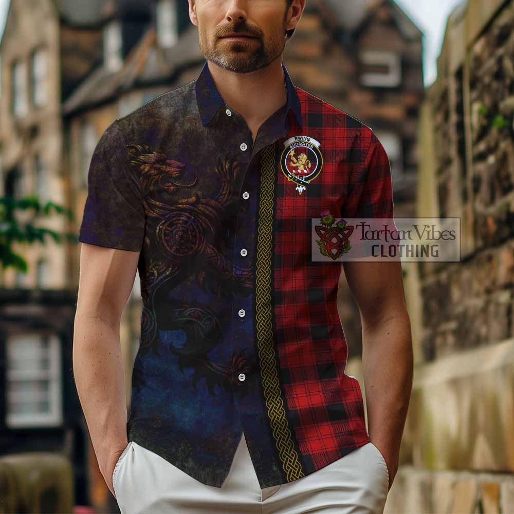 Tartan Vibes Clothing Ewing Tartan Family Crest Short Sleeve Button Shirt Alba Gu Brath Be Brave Lion Ancient Style