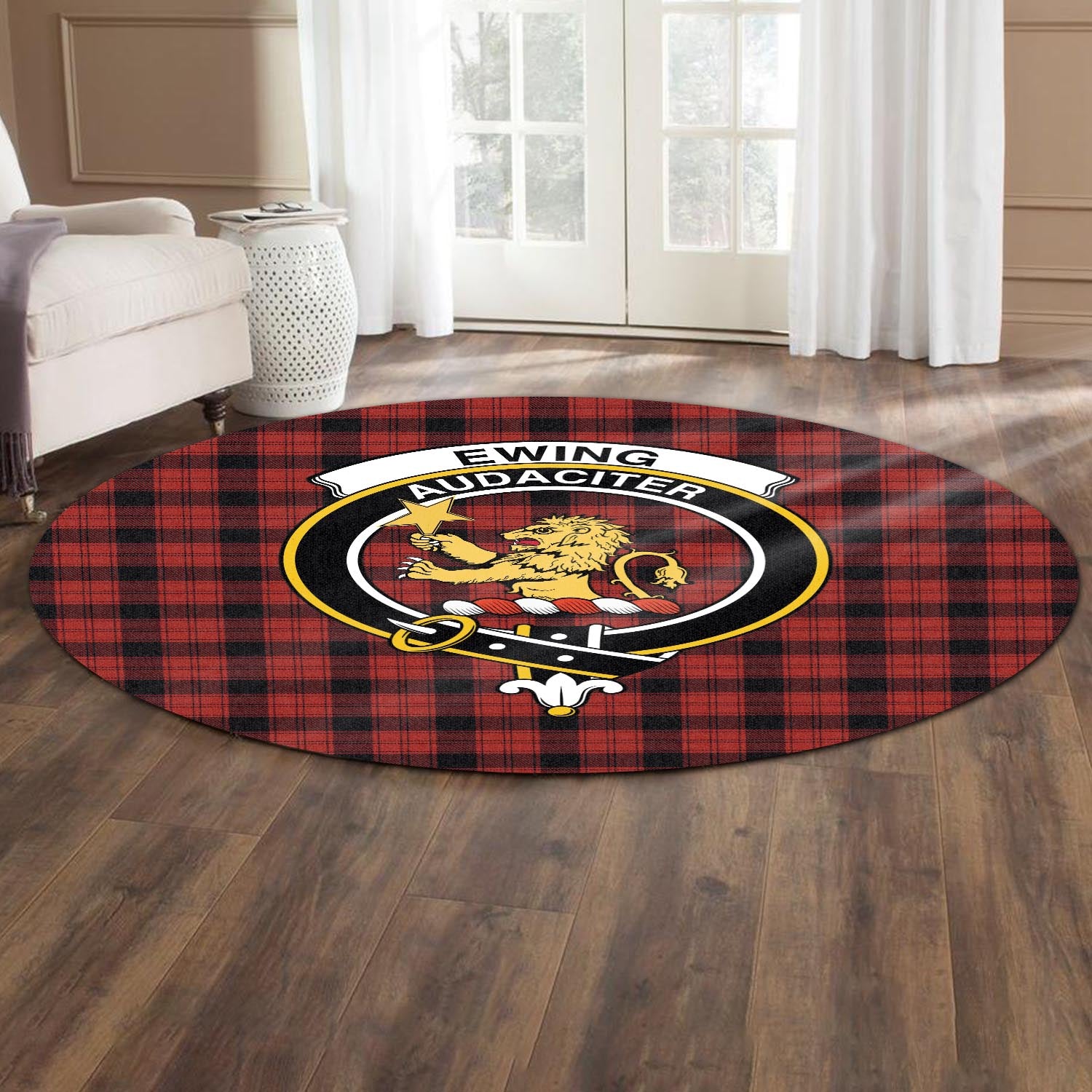 Ewing Tartan Round Rug with Family Crest - Tartanvibesclothing