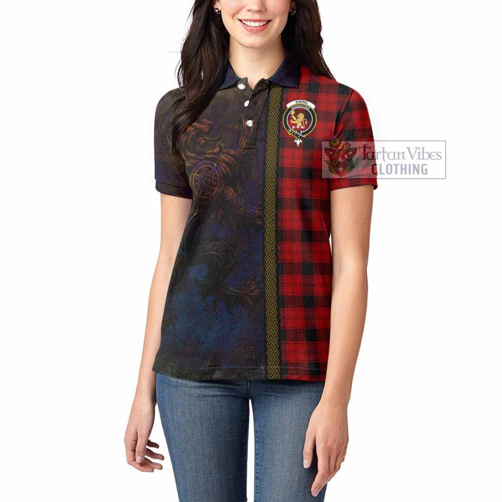 Tartan Vibes Clothing Ewing Tartan Family Crest Women's Polo Shirt Alba Gu Brath Be Brave Lion Ancient Style