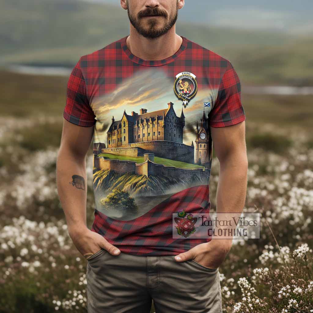 Tartan Vibes Clothing Ewing Tartan Family Crest T-Shirt with Scottish Ancient Castle Stype