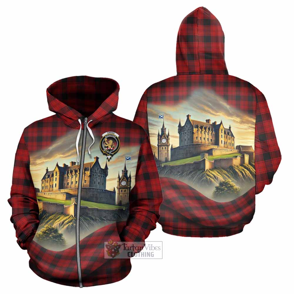 Tartan Vibes Clothing Ewing Tartan Family Crest Hoodie with Scottish Ancient Castle Style