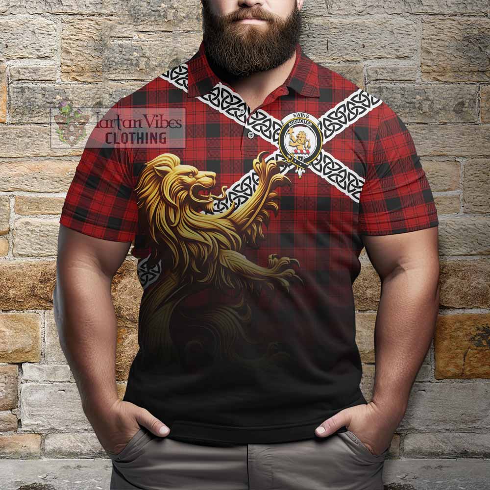 Tartan Vibes Clothing Ewing Crest Tartan Polo Shirt with Golden Lion Emblem Celtic Style