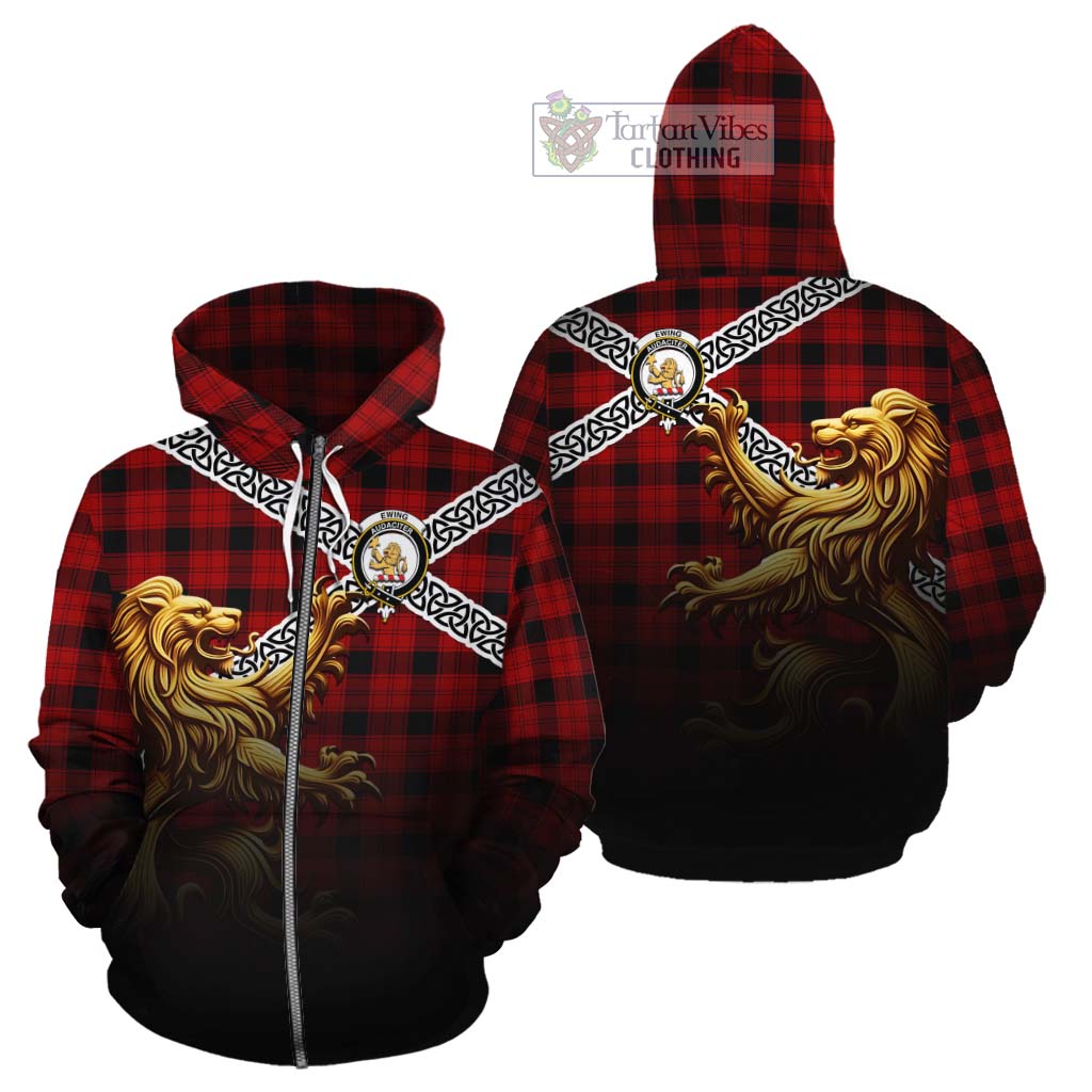 Tartan Vibes Clothing Ewing Crest Tartan Cotton Hoodie with Golden Lion Emblem Celtic Style