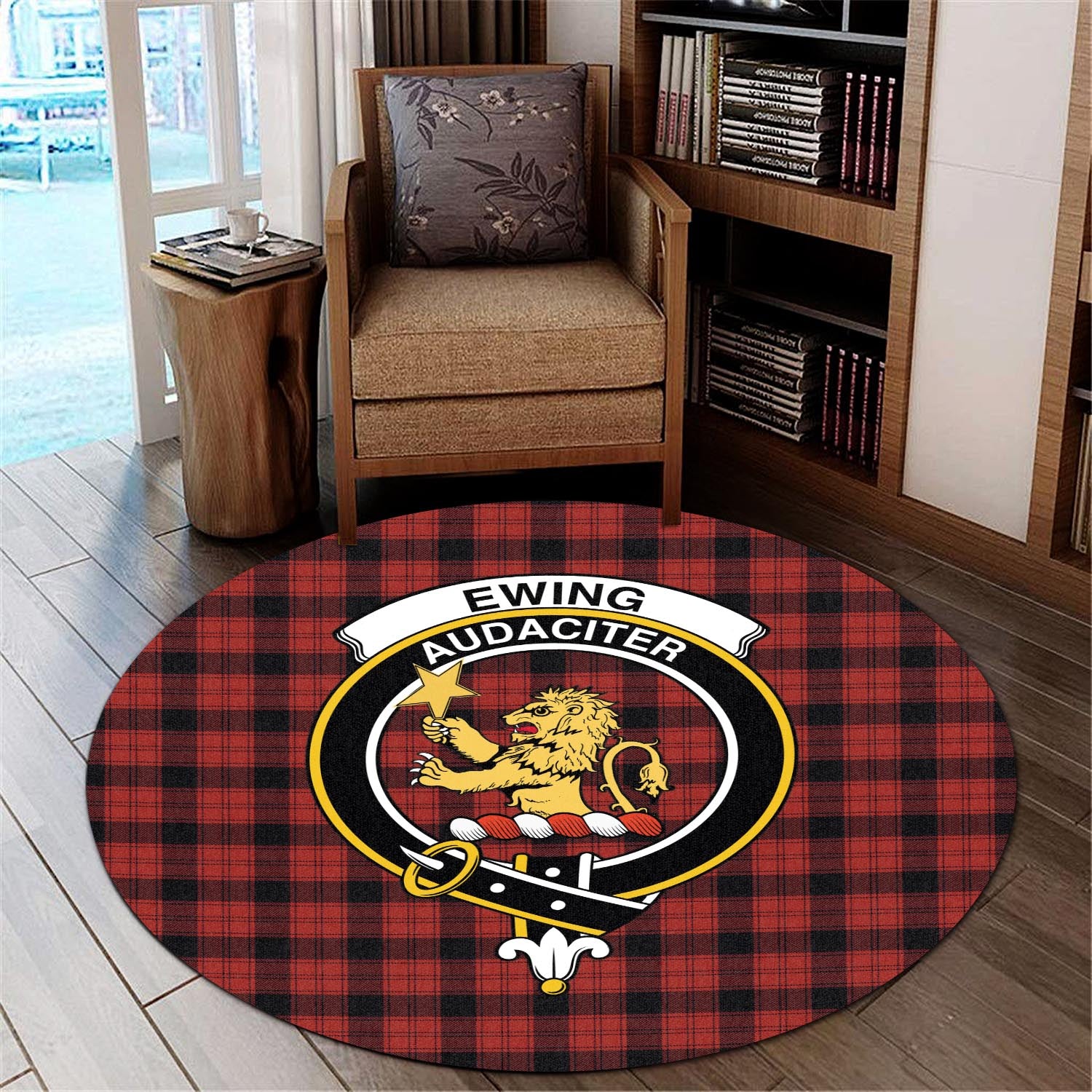 Ewing Tartan Round Rug with Family Crest - Tartanvibesclothing