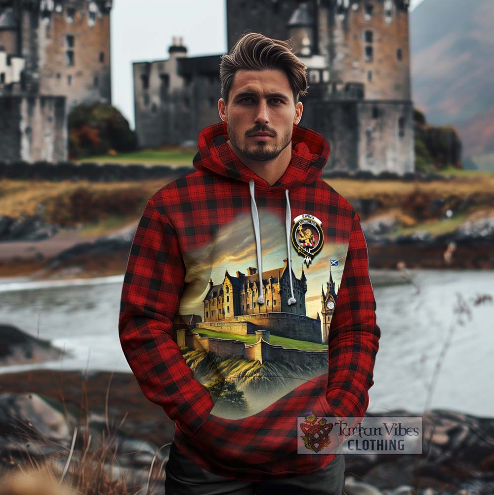 Tartan Vibes Clothing Ewing Tartan Family Crest Cotton Hoodie with Scottish Ancient Castle Style