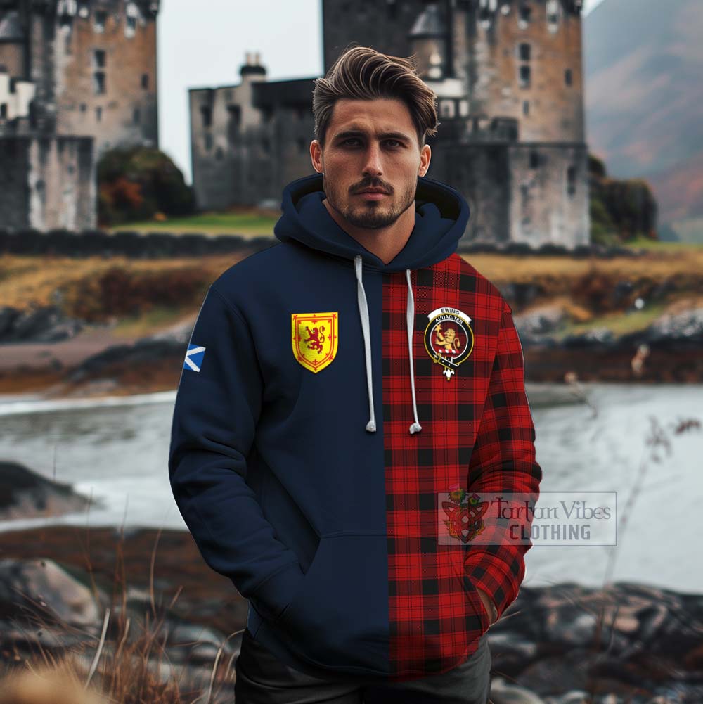 Tartan Vibes Clothing Ewing Tartan Cotton Hoodie Alba with Scottish Lion Royal Arm Half Style
