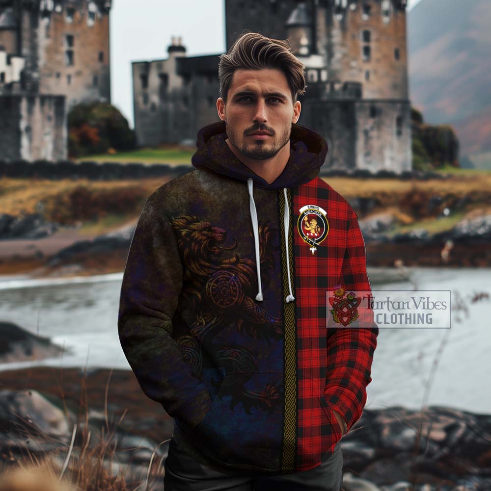Tartan Vibes Clothing Ewing Tartan Family Crest Cotton Hoodie Alba Gu Brath Be Brave Lion Ancient Style