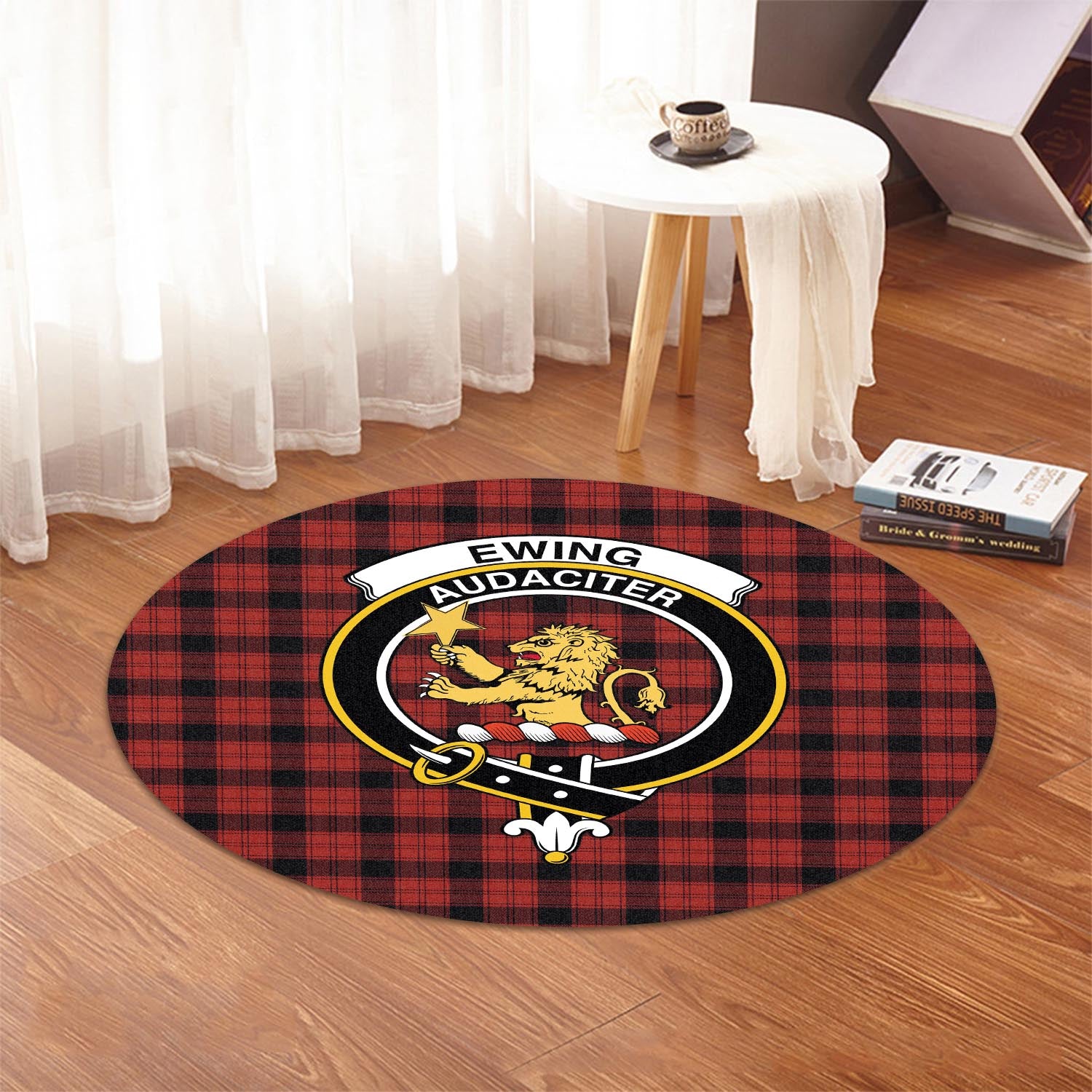 Ewing Tartan Round Rug with Family Crest - Tartanvibesclothing