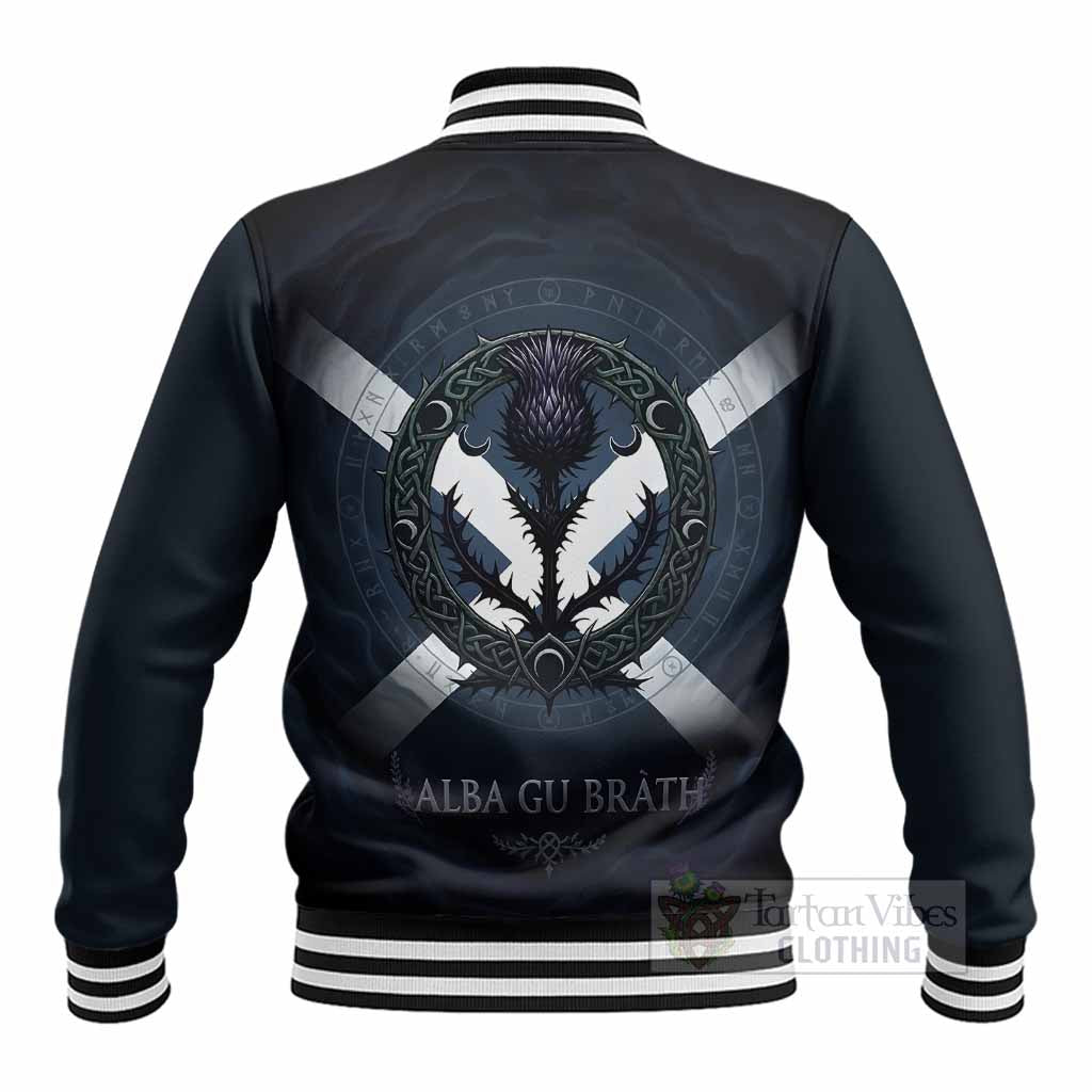 Ewing Clan Crest Baseball Jacket with Celtic Knot Thistle and Saltire
