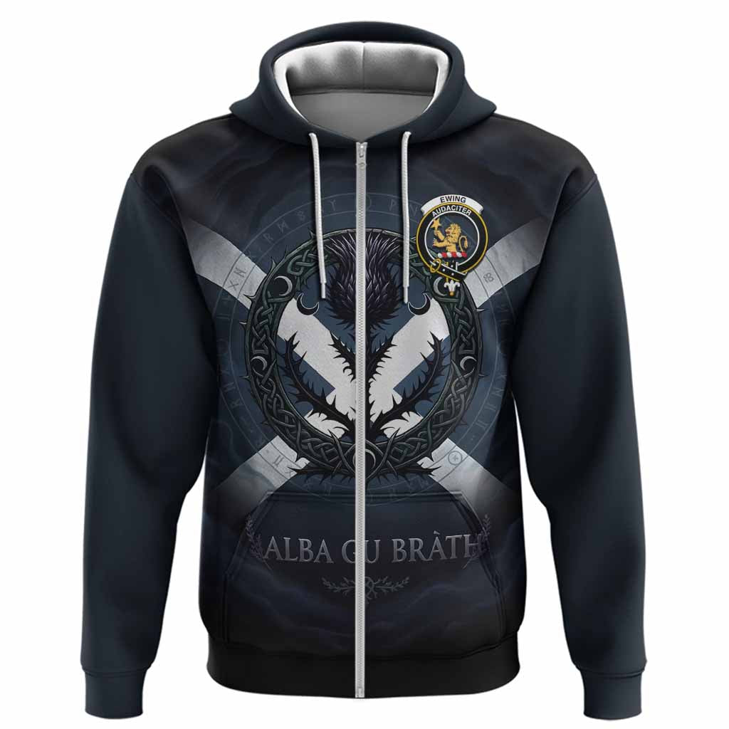 Ewing Clan Crest Hoodie with Celtic Knot Thistle and Saltire