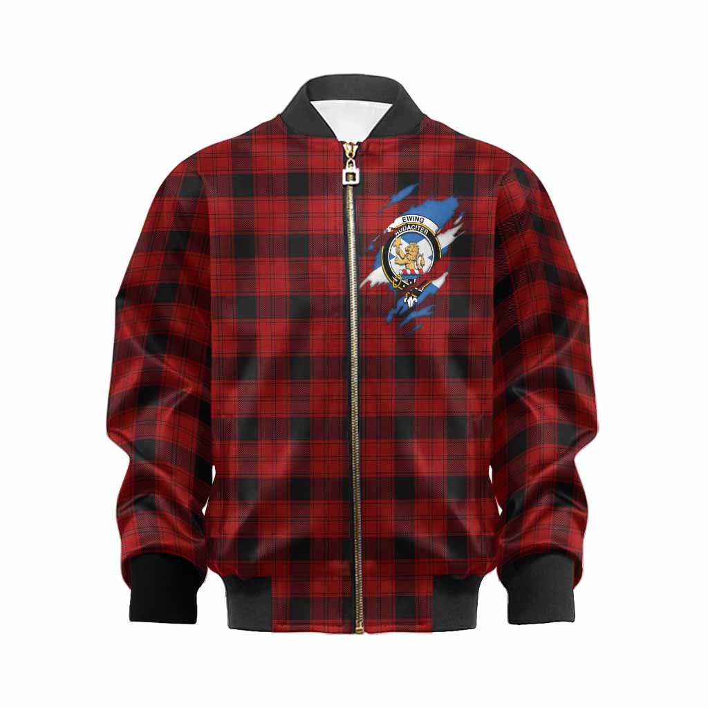 Ewing Clan Crest In Me Tartan Kid Bomber Jacket Scotland Flag Style