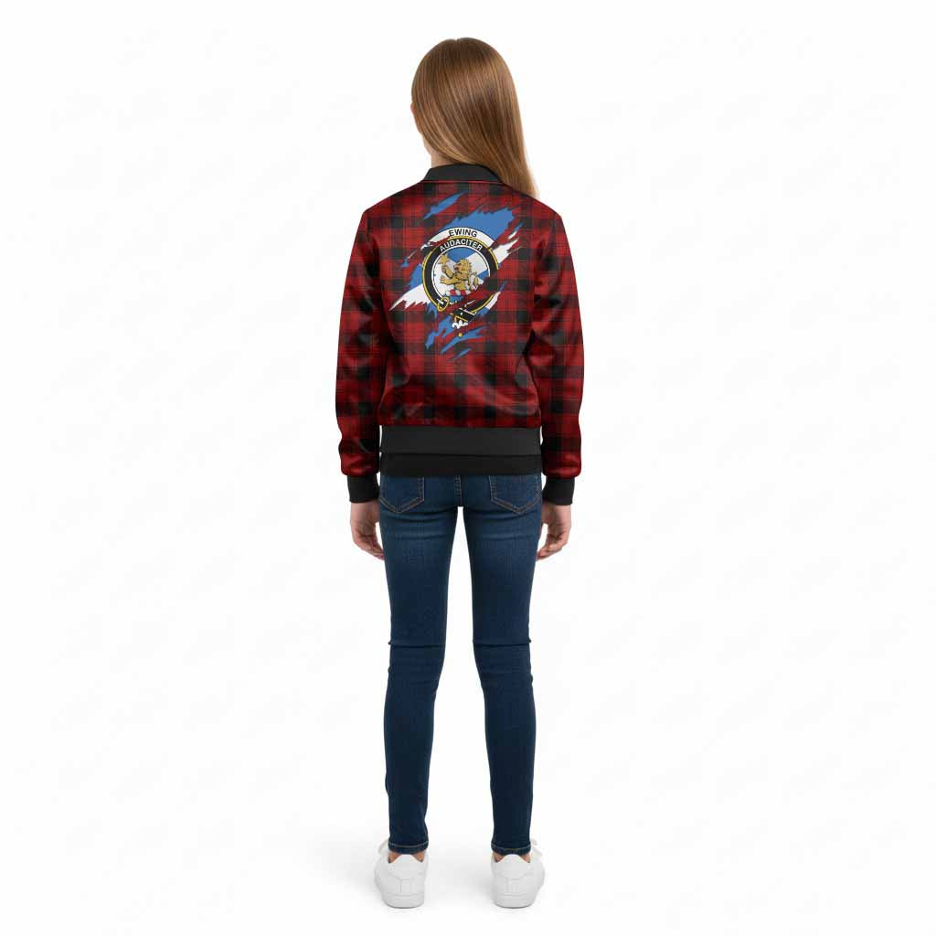 Ewing Clan Crest In Me Tartan Kid Bomber Jacket Scotland Flag Style