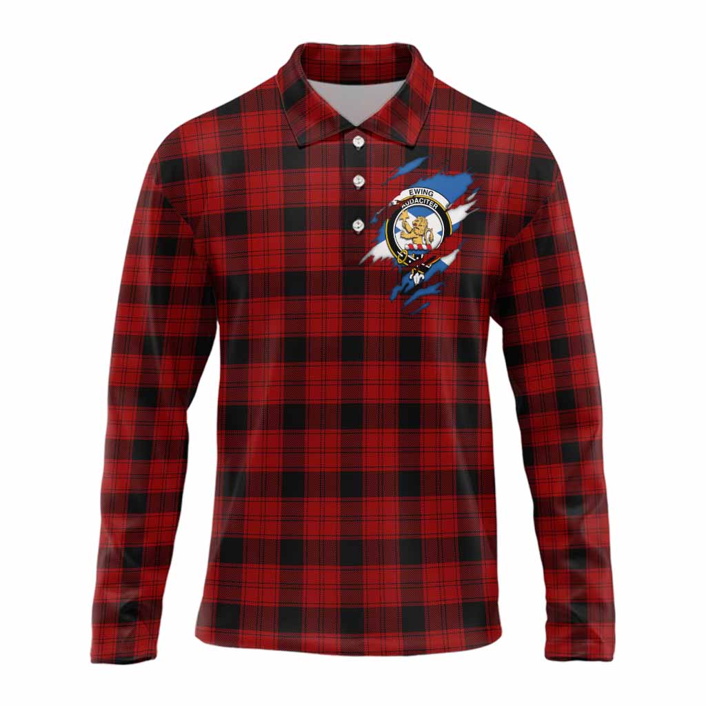 Ewing Clan Crest In Me Tartan Long Sleeve Polo Shirt Scotland Flag Style
