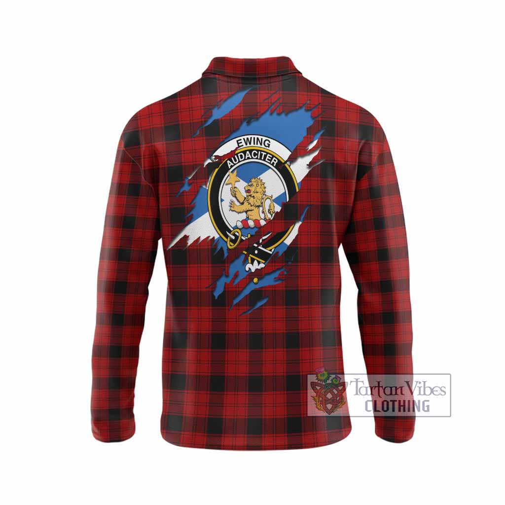 Ewing Clan Crest In Me Tartan Long Sleeve Polo Shirt Scotland Flag Style
