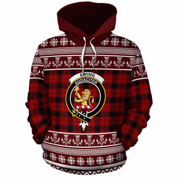 Ewing Clan Tartan Christmas Cotton Hoodie with Family Crest