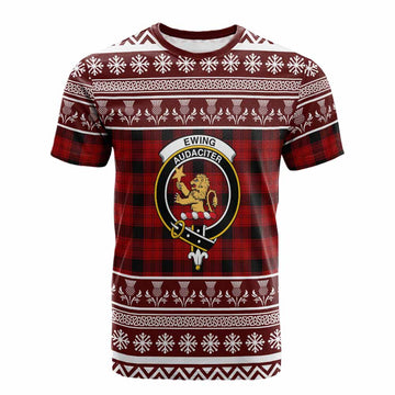 Ewing Clan Tartan Christmas Cotton T-shirt with Family Crest
