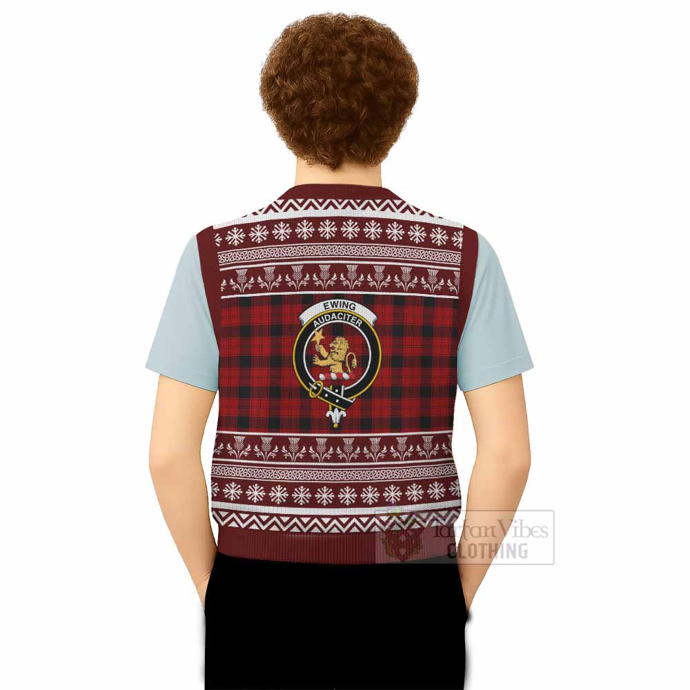 Ewing Clan Tartan Christmas Knitted V-Neck Vest with Family Crest - Tartan Vibes Clothing