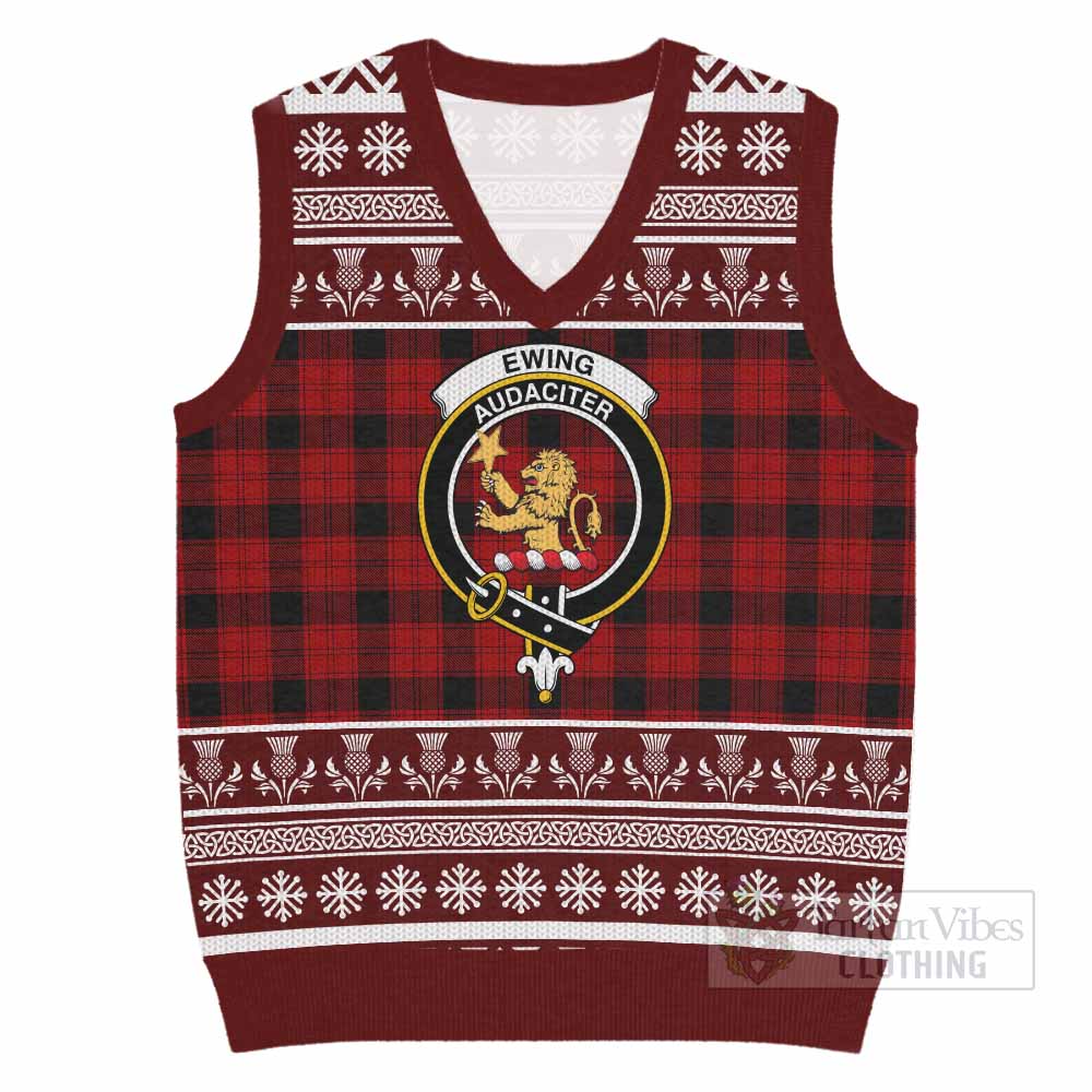 Ewing Clan Tartan Christmas Knitted V-Neck Vest with Family Crest - Tartan Vibes Clothing