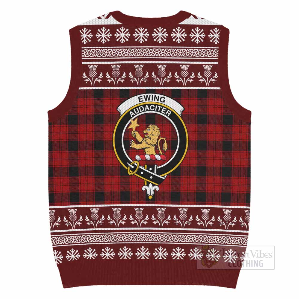 Ewing Clan Tartan Christmas Knitted V-Neck Vest with Family Crest - Tartan Vibes Clothing