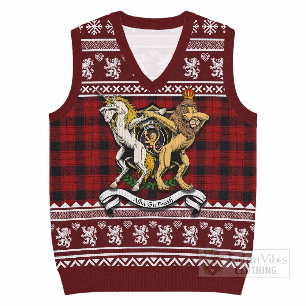 Ewing Clan Tartan Crest Christmas Knitted V-Neck Vest Coat of Arms Funny Style - Tartan Vibes Clothing