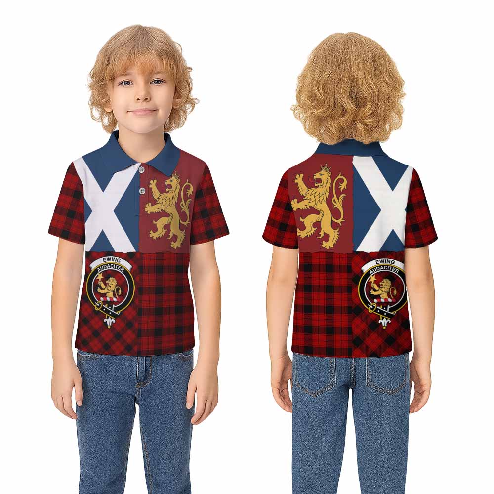 Ewing Crest Tartan Kid Polo Shirt with Lion Rampant Saltire Style - Tartan Vibes Clothing