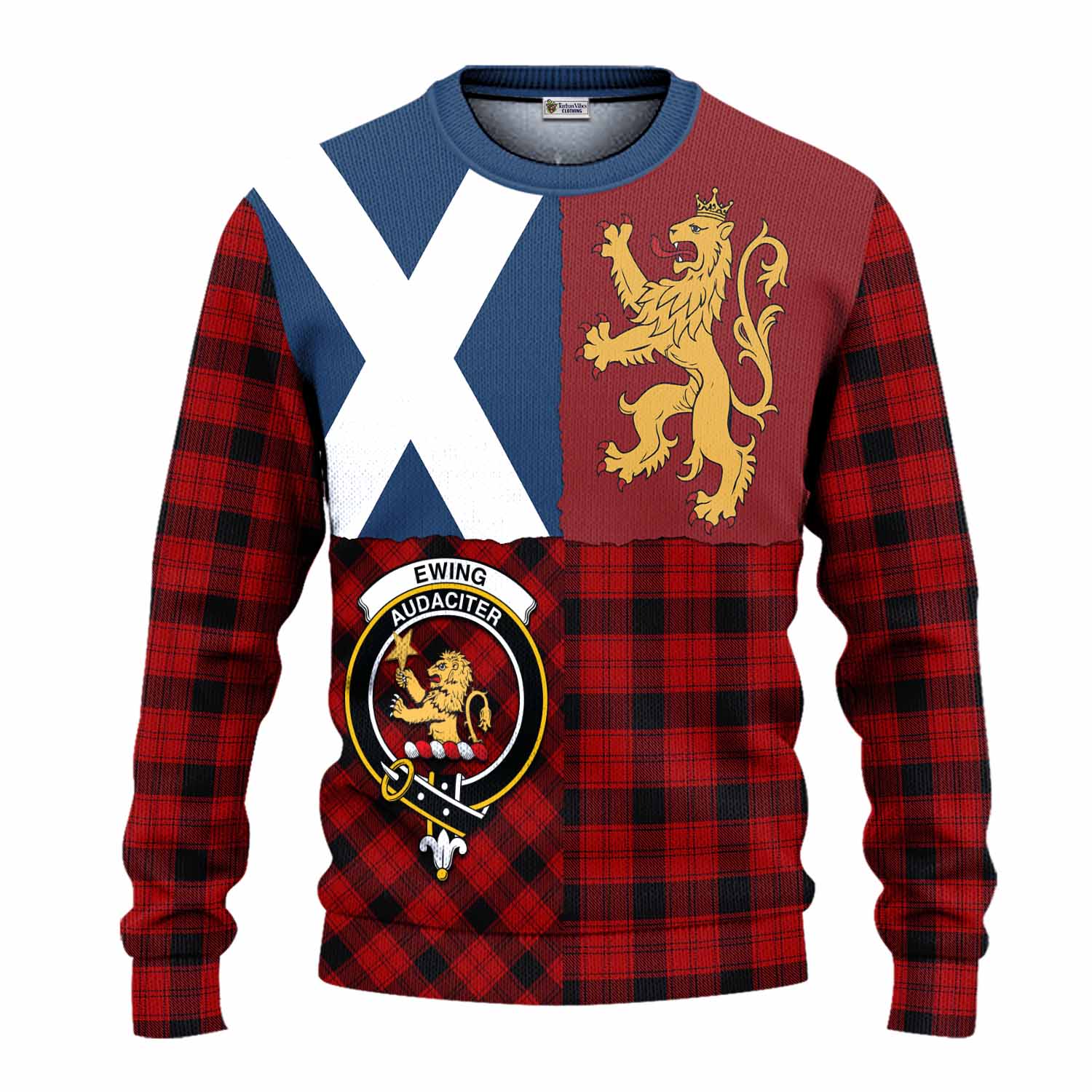 Ewing Crest Tartan Knitted Sweater with Lion Rampant Saltire Style