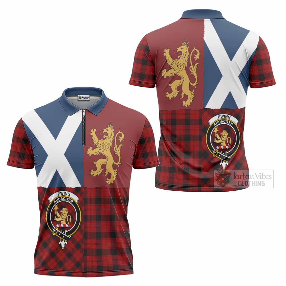Ewing Crest Tartan Zipper Polo Shirt with Lion Rampant Saltire Style