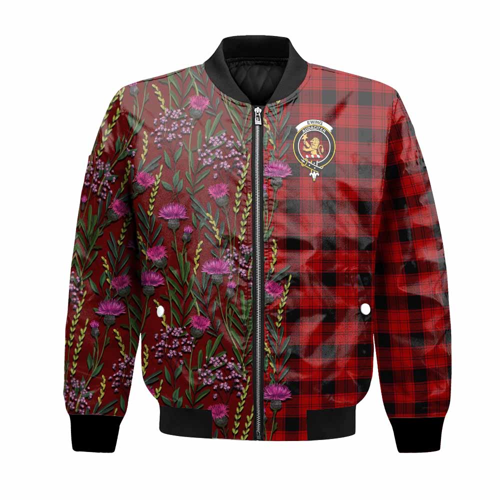 Ewing Family Crest Tartan Bomber Jacket Scottish Thistle Flower Pattern Half Style - Tartan Vibes Clothing