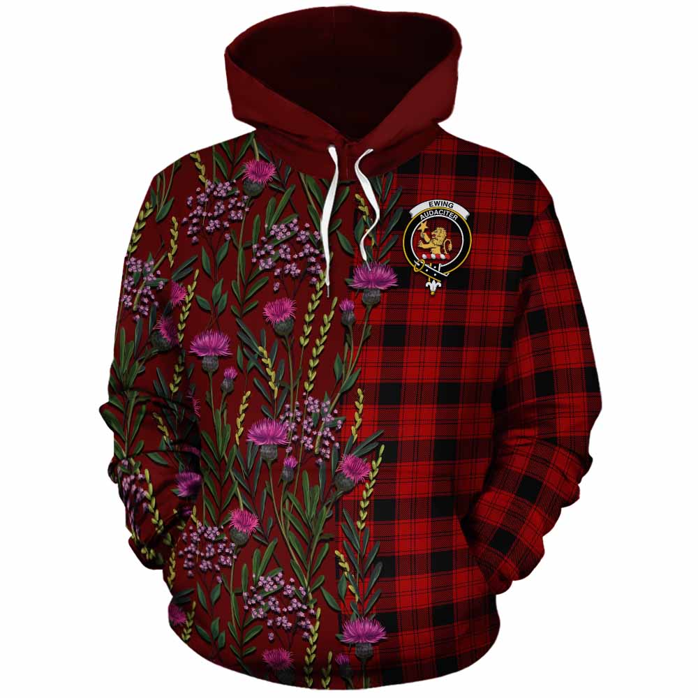 Ewing Family Crest Tartan Cotton Hoodie Scottish Thistle Flower Pattern Half Style - Tartan Vibes Clothing