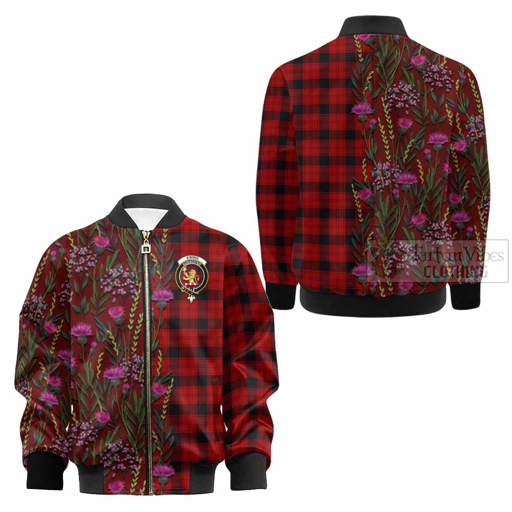 Ewing Family Crest Tartan Kid Bomber Jacket Scottish Thistle Flower Pattern Half Style - Tartan Vibes Clothing