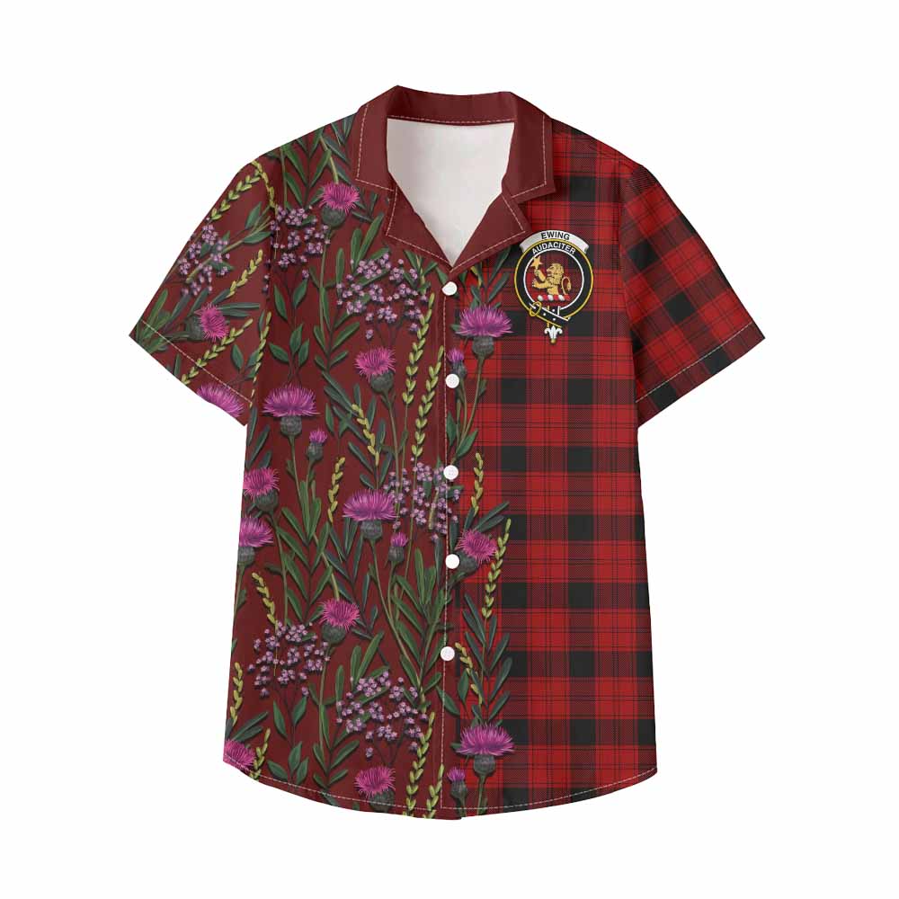 Ewing Family Crest Tartan Kid Hawaiian Shirt Scottish Thistle Flower Pattern Half Style - Tartan Vibes Clothing