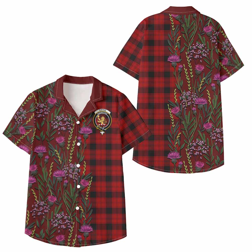 Ewing Family Crest Tartan Kid Hawaiian Shirt Scottish Thistle Flower Pattern Half Style - Tartan Vibes Clothing