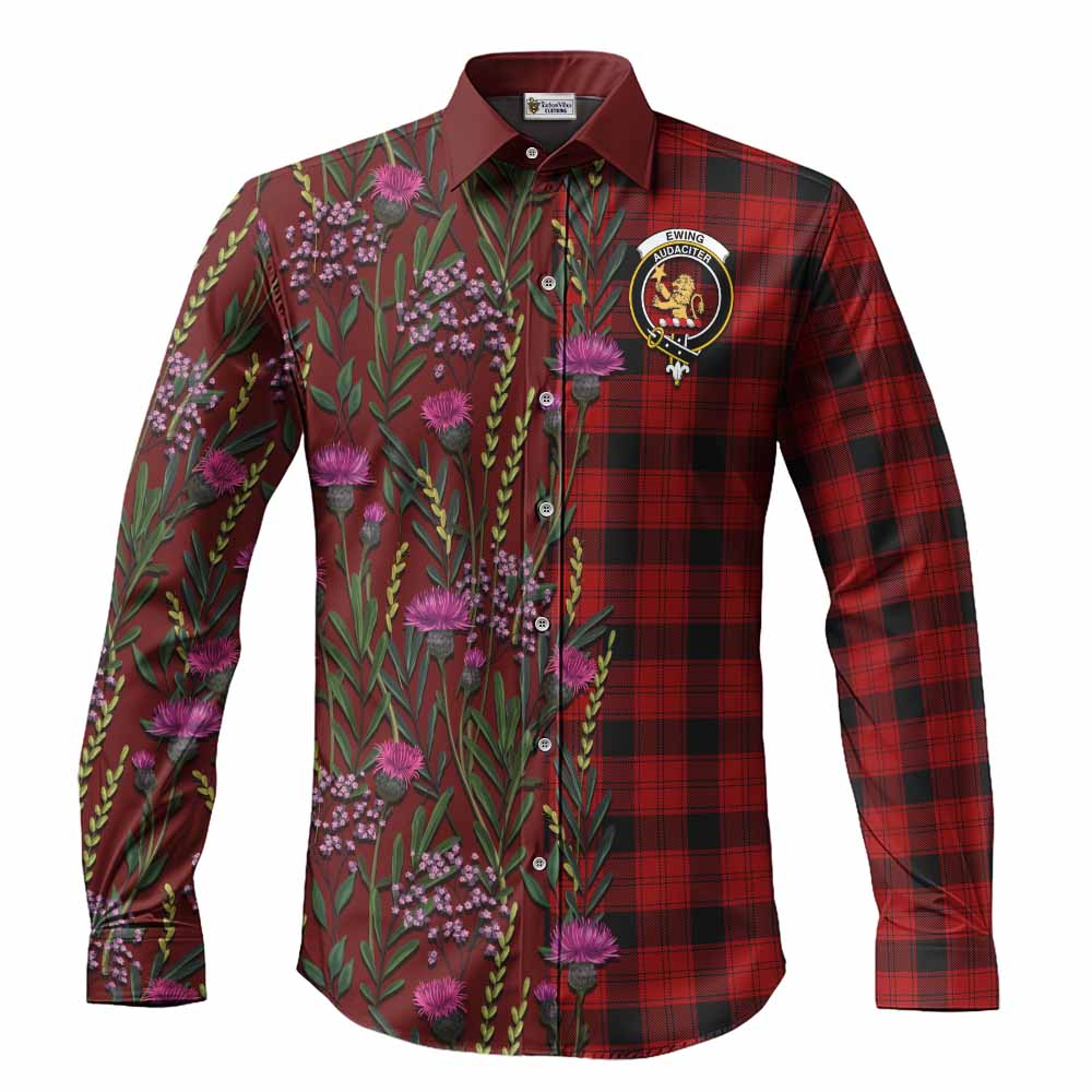 Ewing Family Crest Tartan Long Sleeve Button Shirts Scottish Thistle Flower Pattern Half Style - Tartan Vibes Clothing