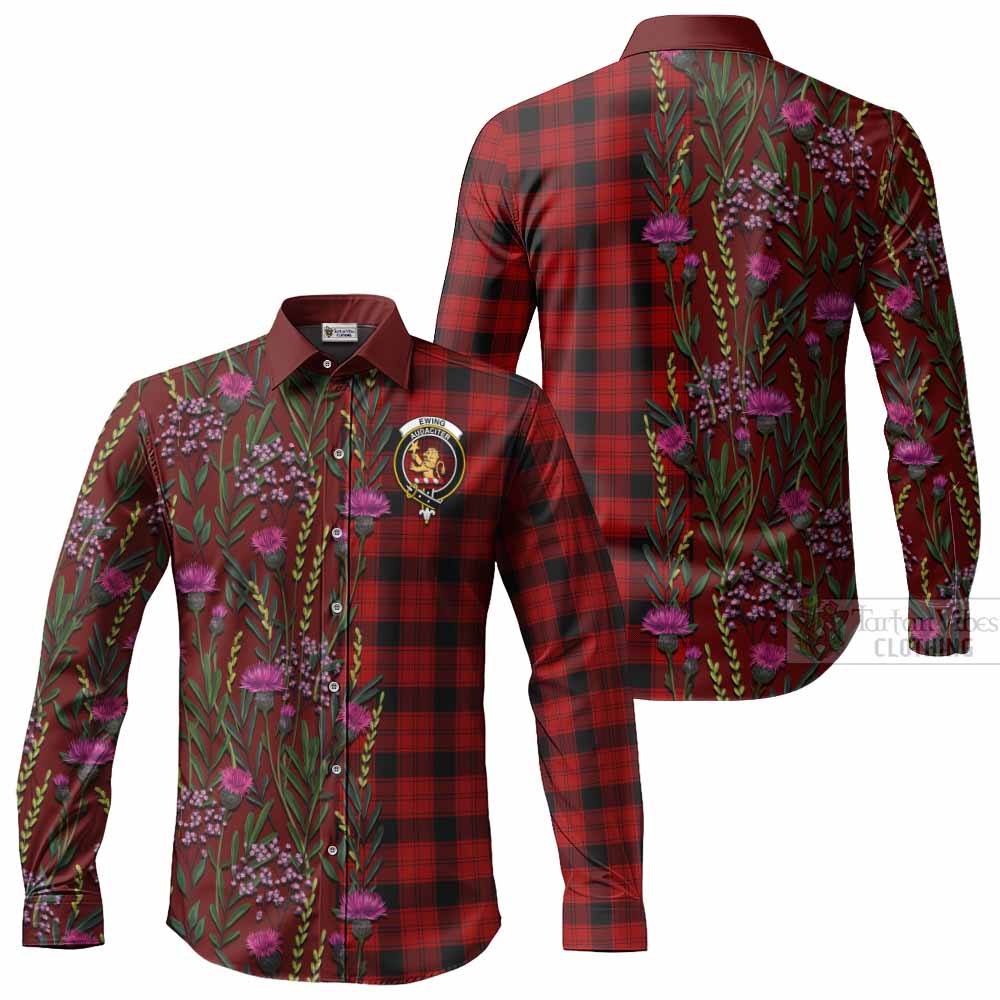 Ewing Family Crest Tartan Long Sleeve Button Shirts Scottish Thistle Flower Pattern Half Style - Tartan Vibes Clothing