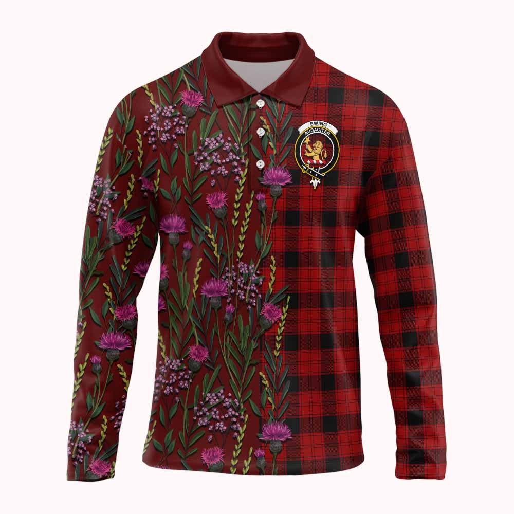 Ewing Family Crest Tartan Long Sleeve Polo Shirt Scottish Thistle Flower Pattern Half Style - Tartan Vibes Clothing