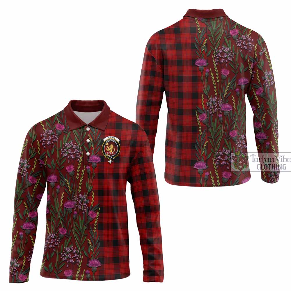 Ewing Family Crest Tartan Long Sleeve Polo Shirt Scottish Thistle Flower Pattern Half Style - Tartan Vibes Clothing