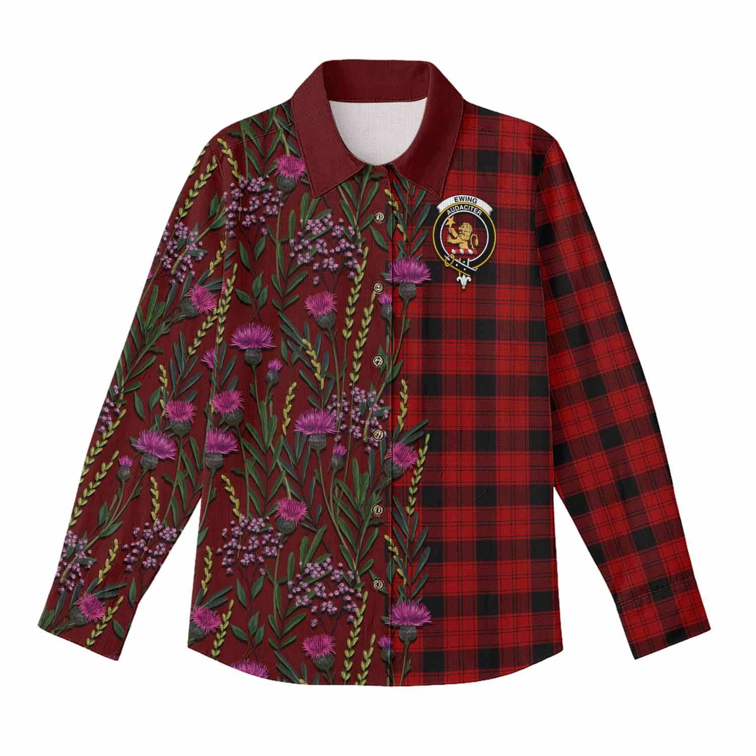 Ewing Family Crest Tartan Women Casual Shirt Scottish Thistle Flower Pattern Half Style - Tartan Vibes Clothing