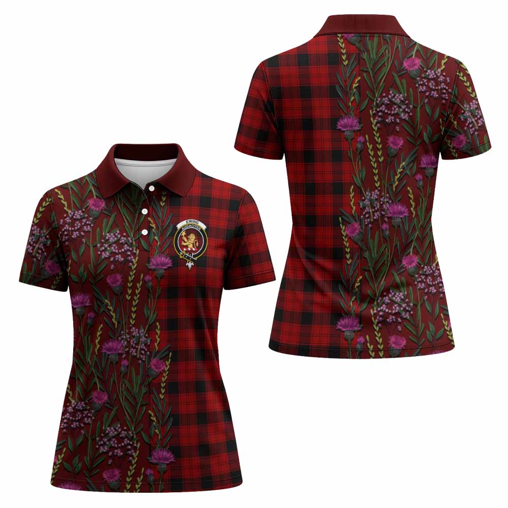 Ewing Family Crest Tartan Women Polo Shirt Scottish Thistle Flower Pattern Half Style - Tartan Vibes Clothing
