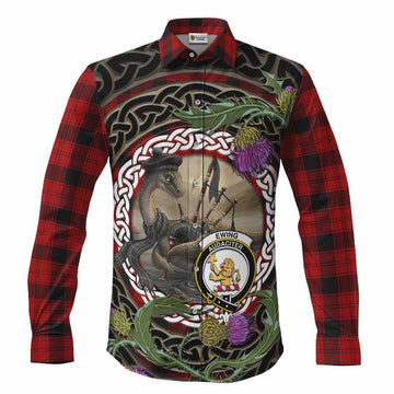Ewing Tartan Crest Bagpipe Nessie Long Sleeve Button Shirts Scottish Loch Ness Monster Celtic Thistle