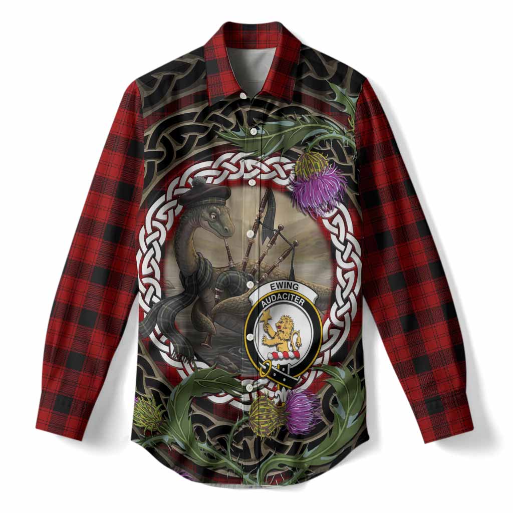 Ewing Tartan Crest Bagpipe Nessie Women Casual Shirt Scottish Loch Ness Monster Celtic Thistle