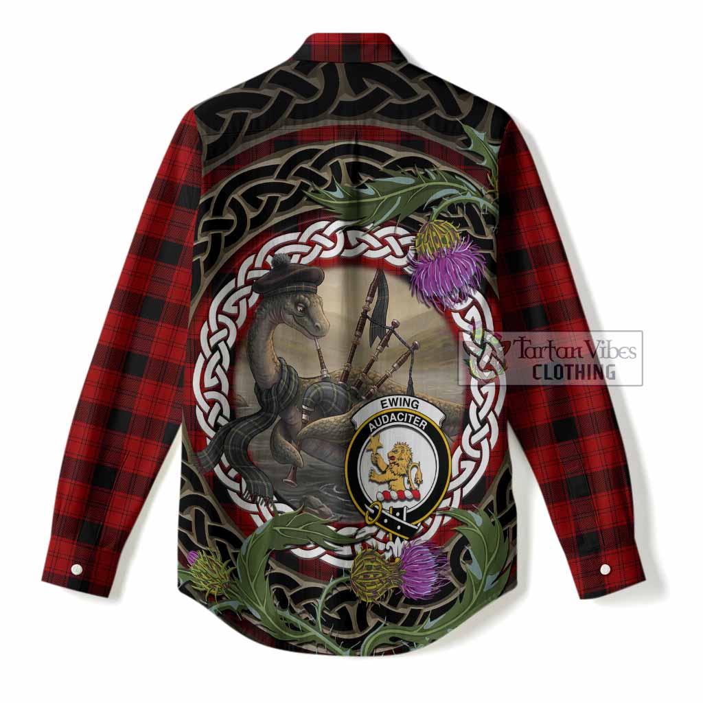 Ewing Tartan Crest Bagpipe Nessie Women Casual Shirt Scottish Loch Ness Monster Celtic Thistle