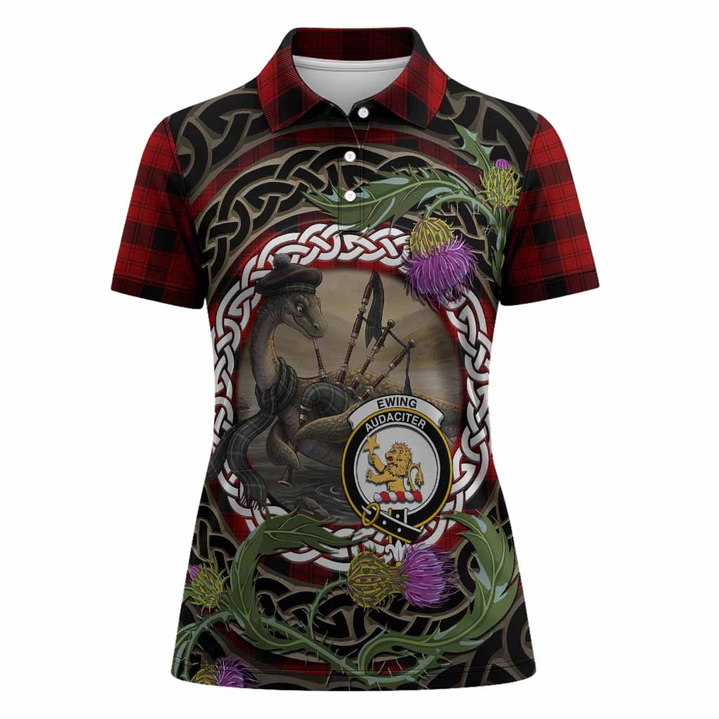 Ewing Tartan Crest Bagpipe Nessie Women Polo Shirt Scottish Loch Ness Monster Celtic Thistle