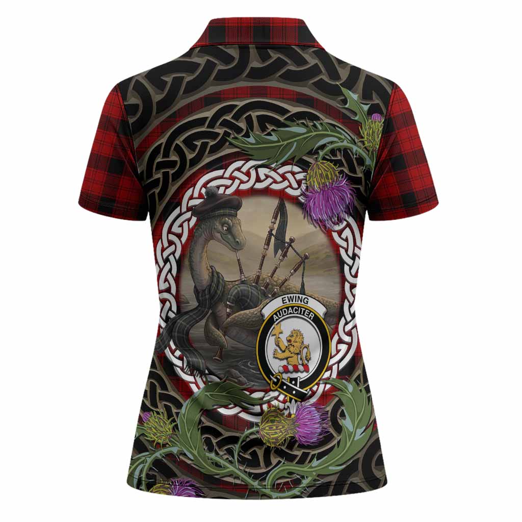 Ewing Tartan Crest Bagpipe Nessie Women Polo Shirt Scottish Loch Ness Monster Celtic Thistle