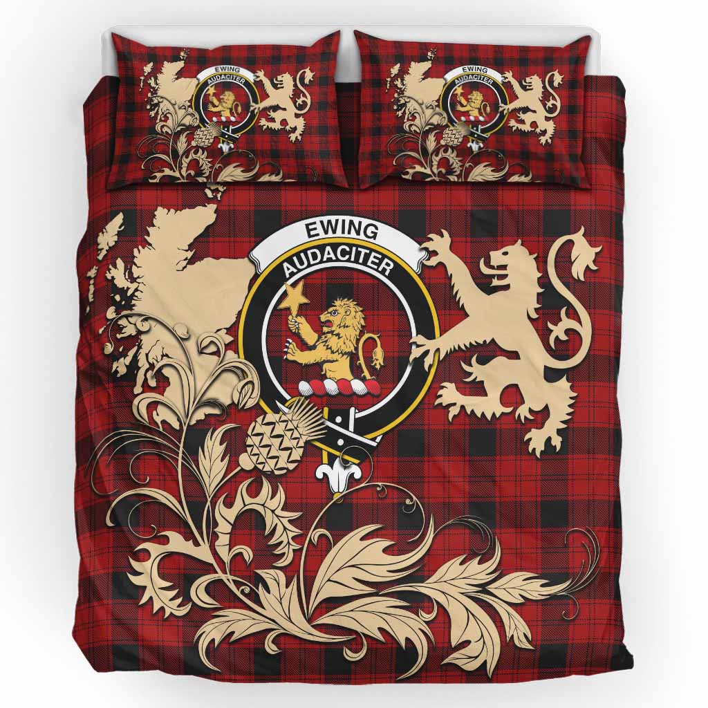 Ewing Tartan Crest Bedding Set with Scottish Iconic Symbols 