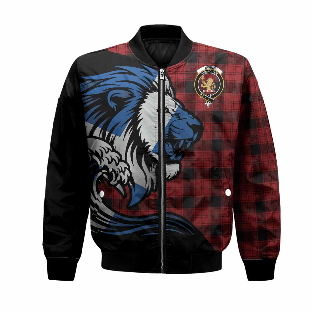 Ewing Tartan Crest Bomber Jacket Scottish Golden Lions Wave Flow